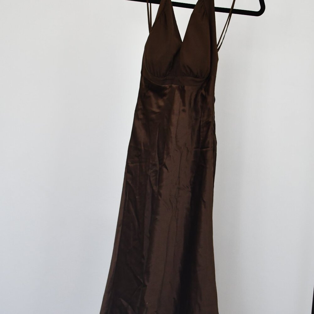 Brown Satin Halter Midi Dress Backless Y2K Minimal Slip Style - Picture 2 of 3
